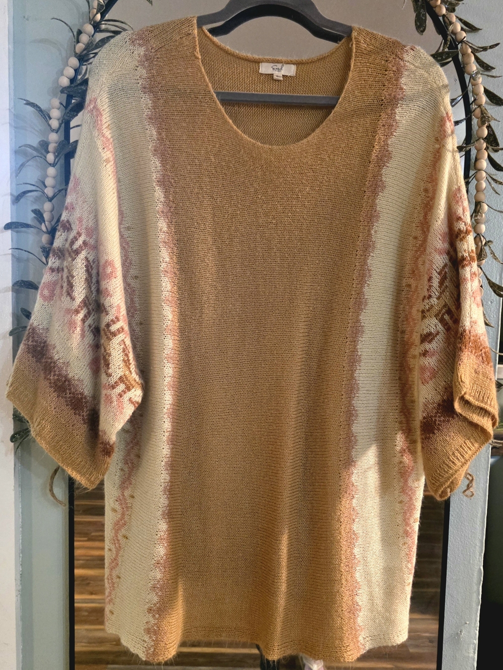 Cozy Knit Drop-Sleeve Sweater - Khaki & Cream